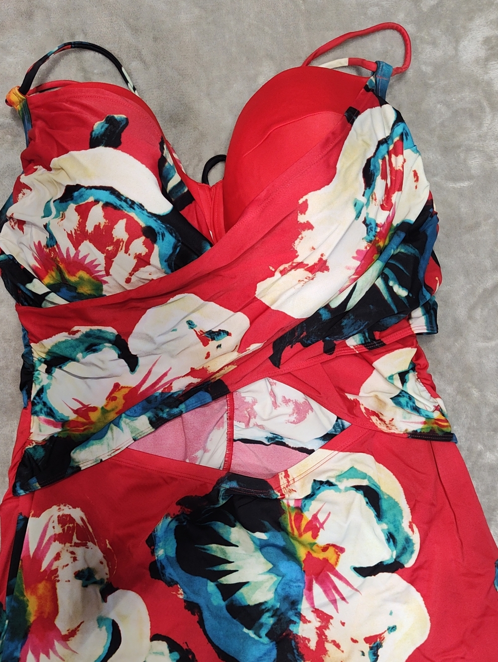 Red Floral Ruched Tankini Top Size 38F